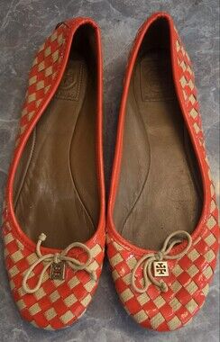 Tory Burch Orange Woven Leather Ballet Flats